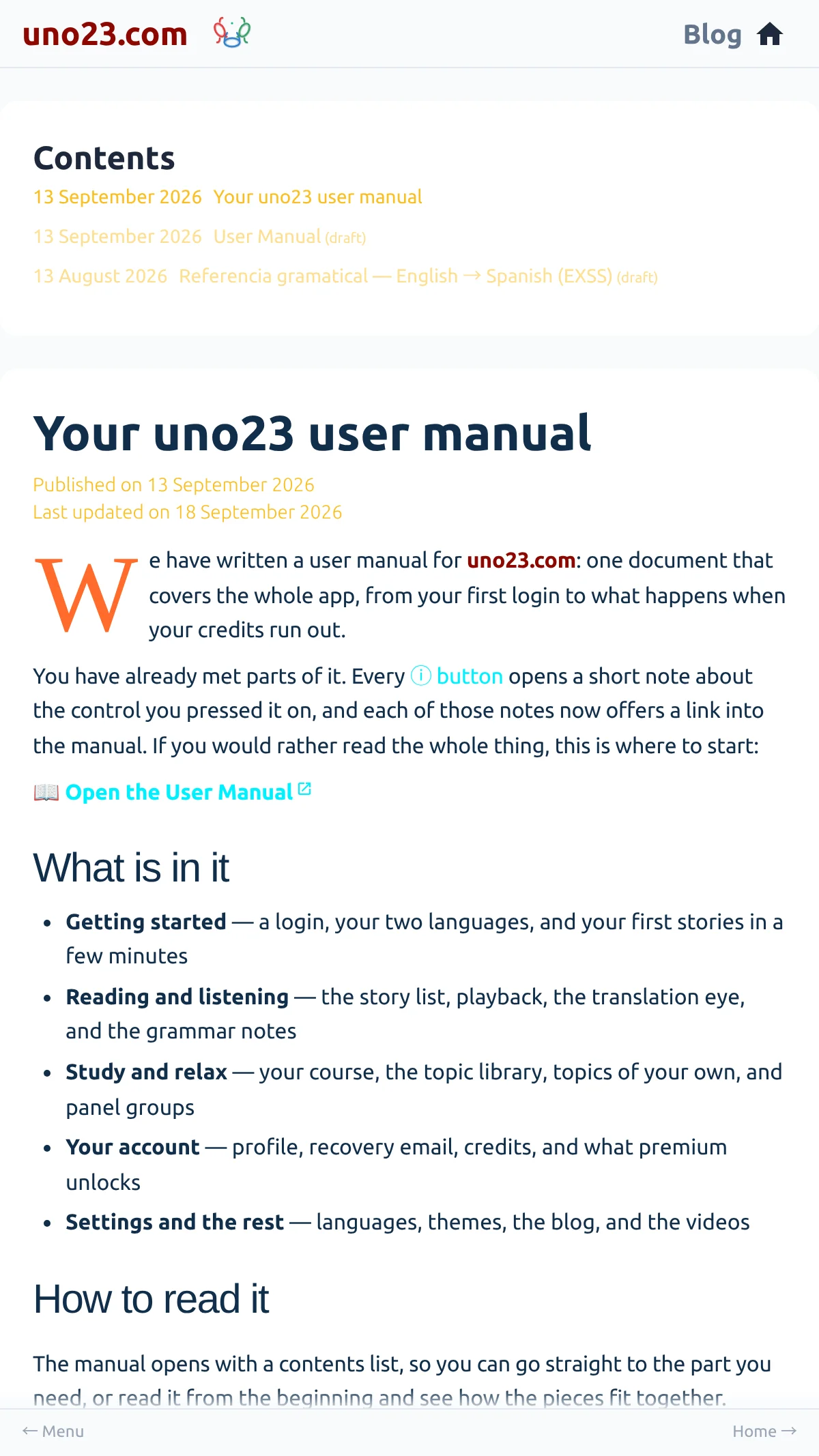 Blogs 📝 — a screen from the uno23.com app