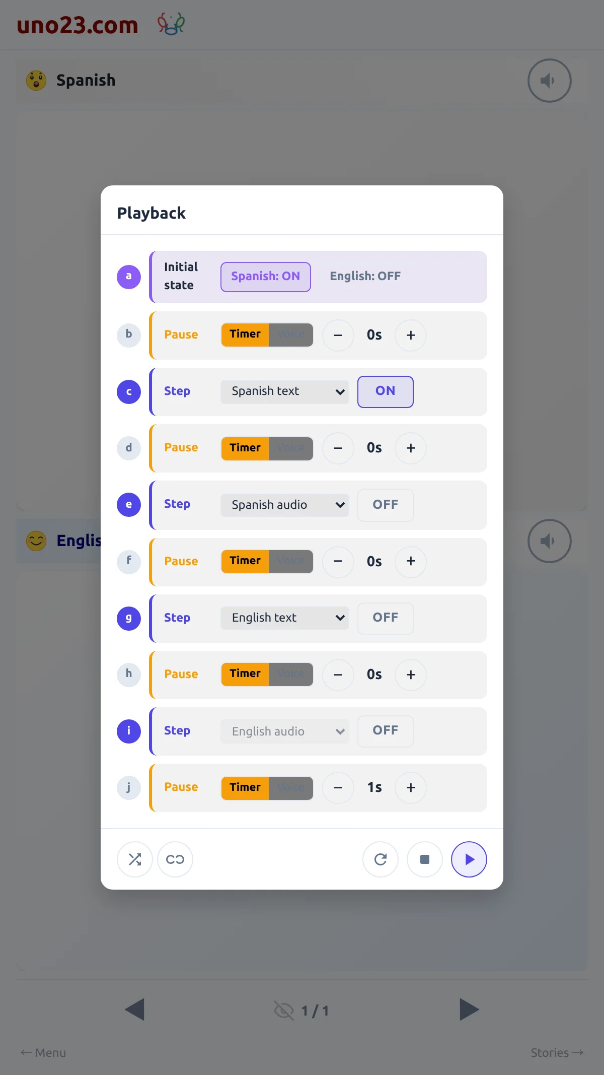 Playback 🔊 — a screen from the uno23.com app