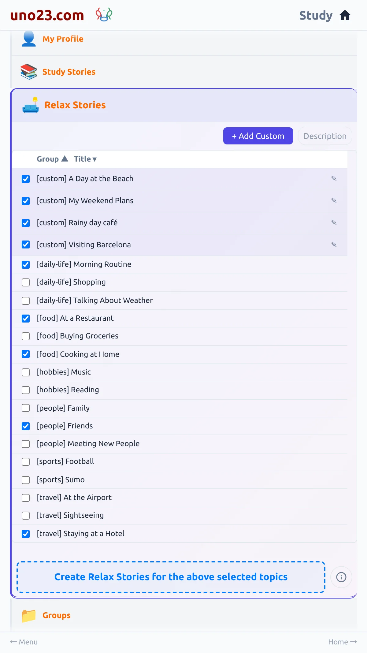 Relax Stories Panel 📙 — a screen from the uno23.com app