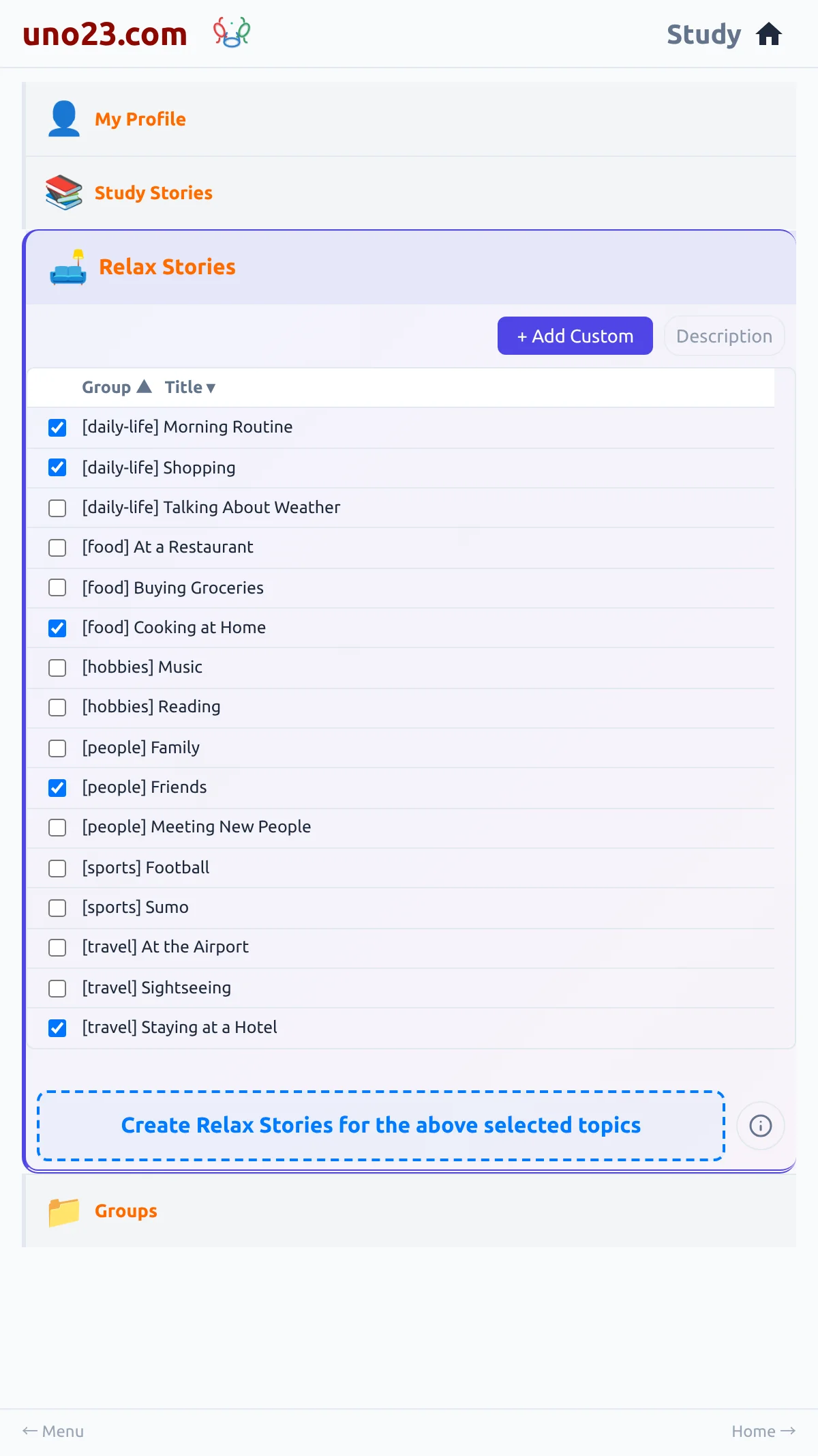 Creating Relax Stories 📙 — a screen from the uno23.com app