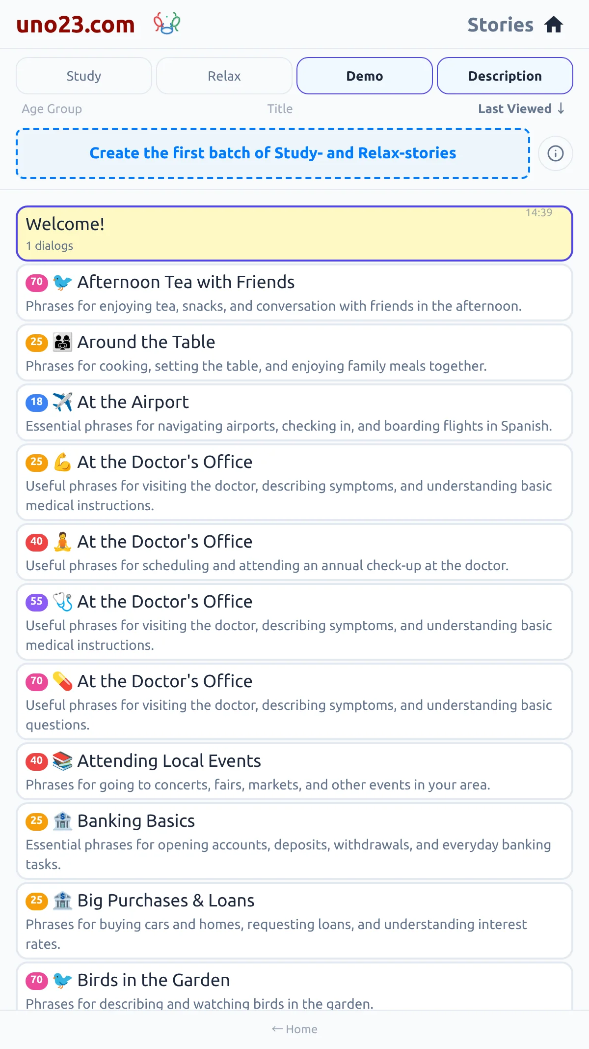 Generating a Batch of Stories 📦 — a screen from the uno23.com app