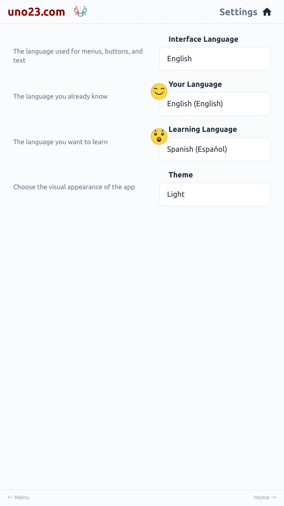 Languages 🌐 — a screen from the uno23.com app