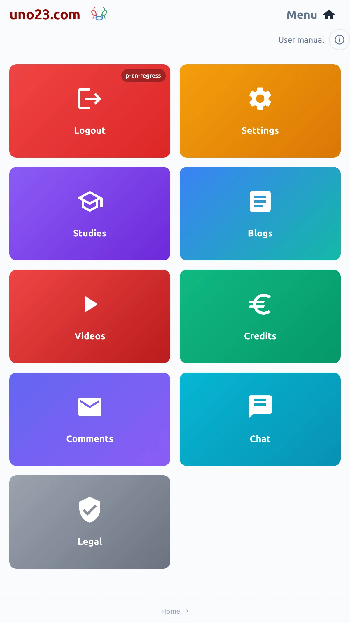 Menu and Settings ⚙️ — a screen from the uno23.com app