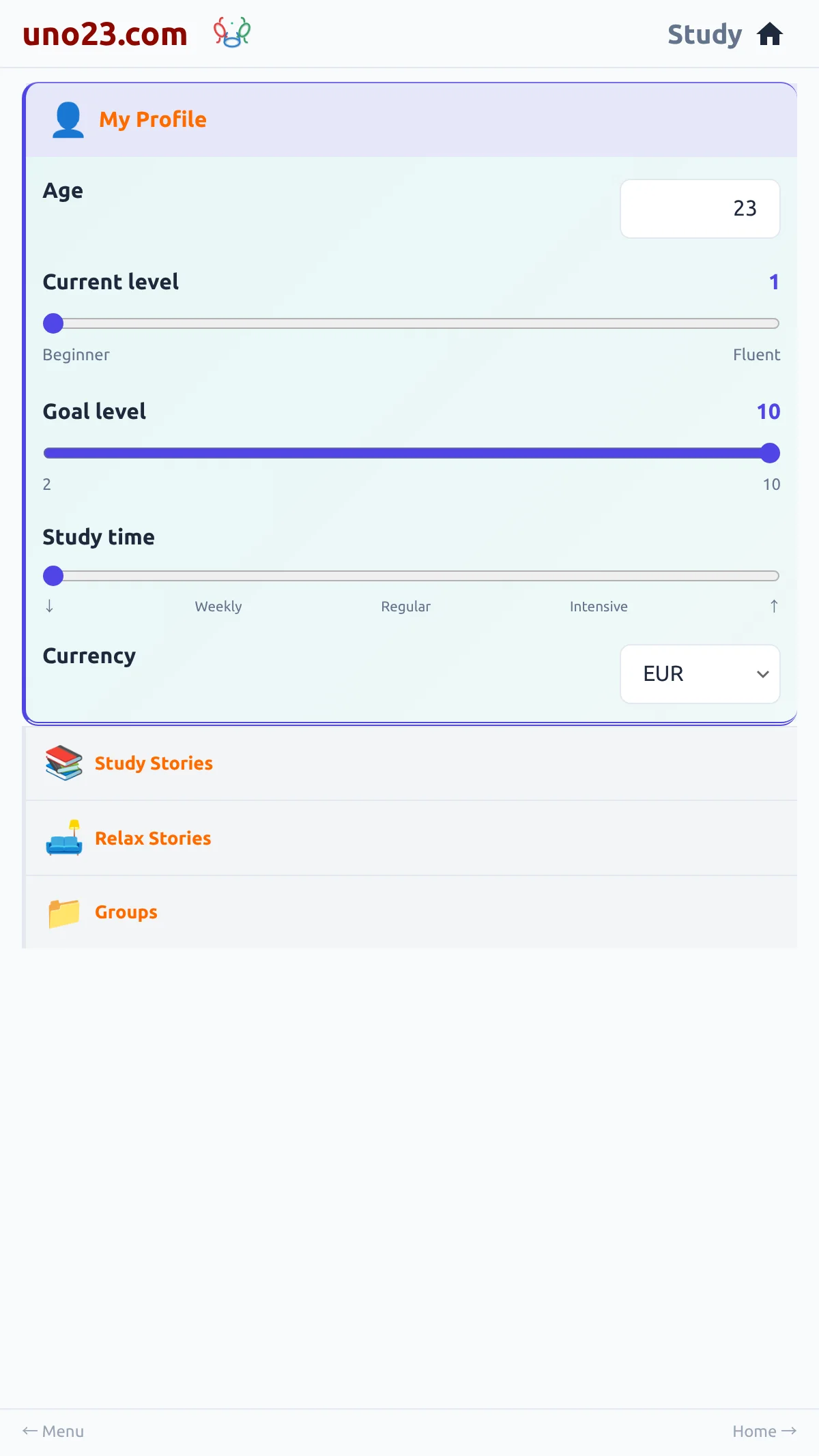 My Profile 👤 — a screen from the uno23.com app