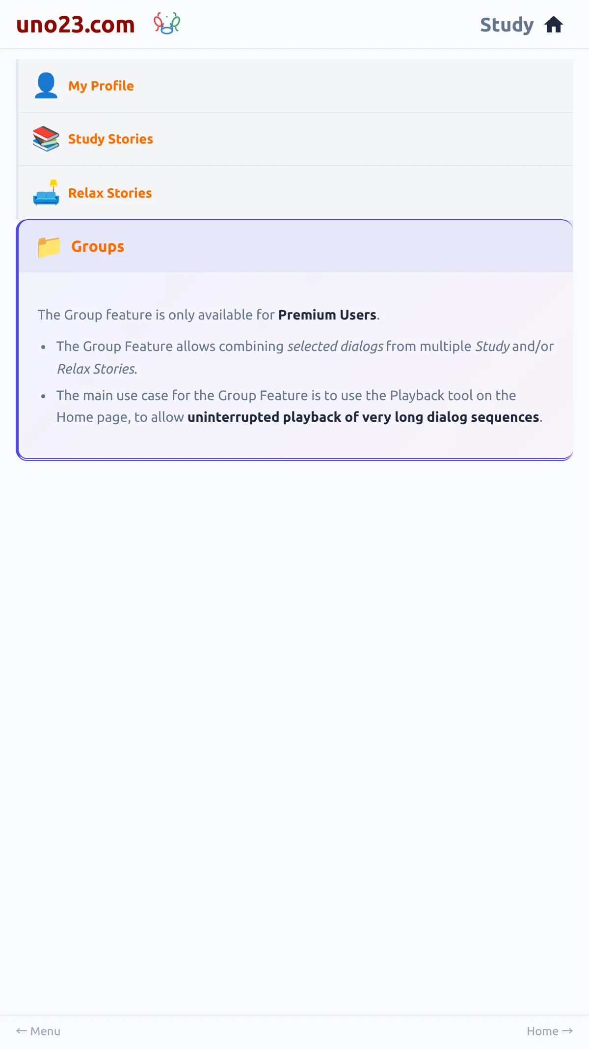 Panel Groups 👥 — a screen from the uno23.com app