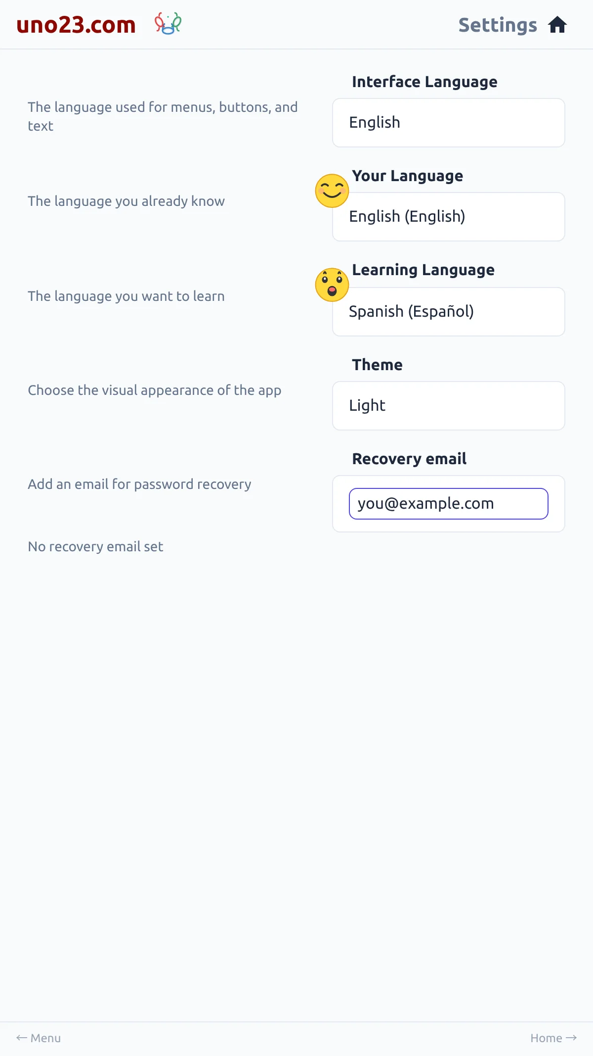Recovery Email 📧 — a screen from the uno23.com app