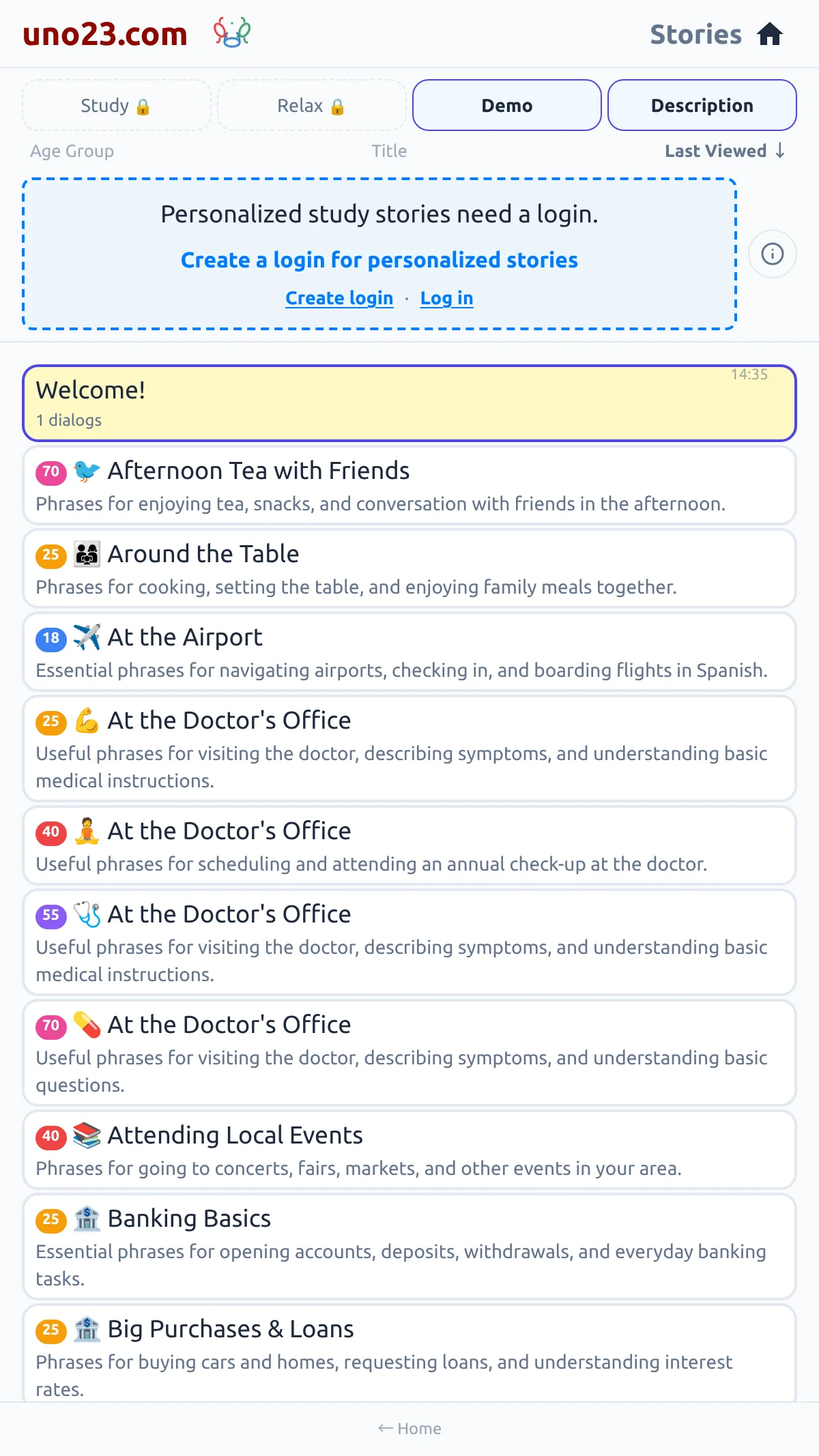 The Story List 📋 — a screen from the uno23.com app