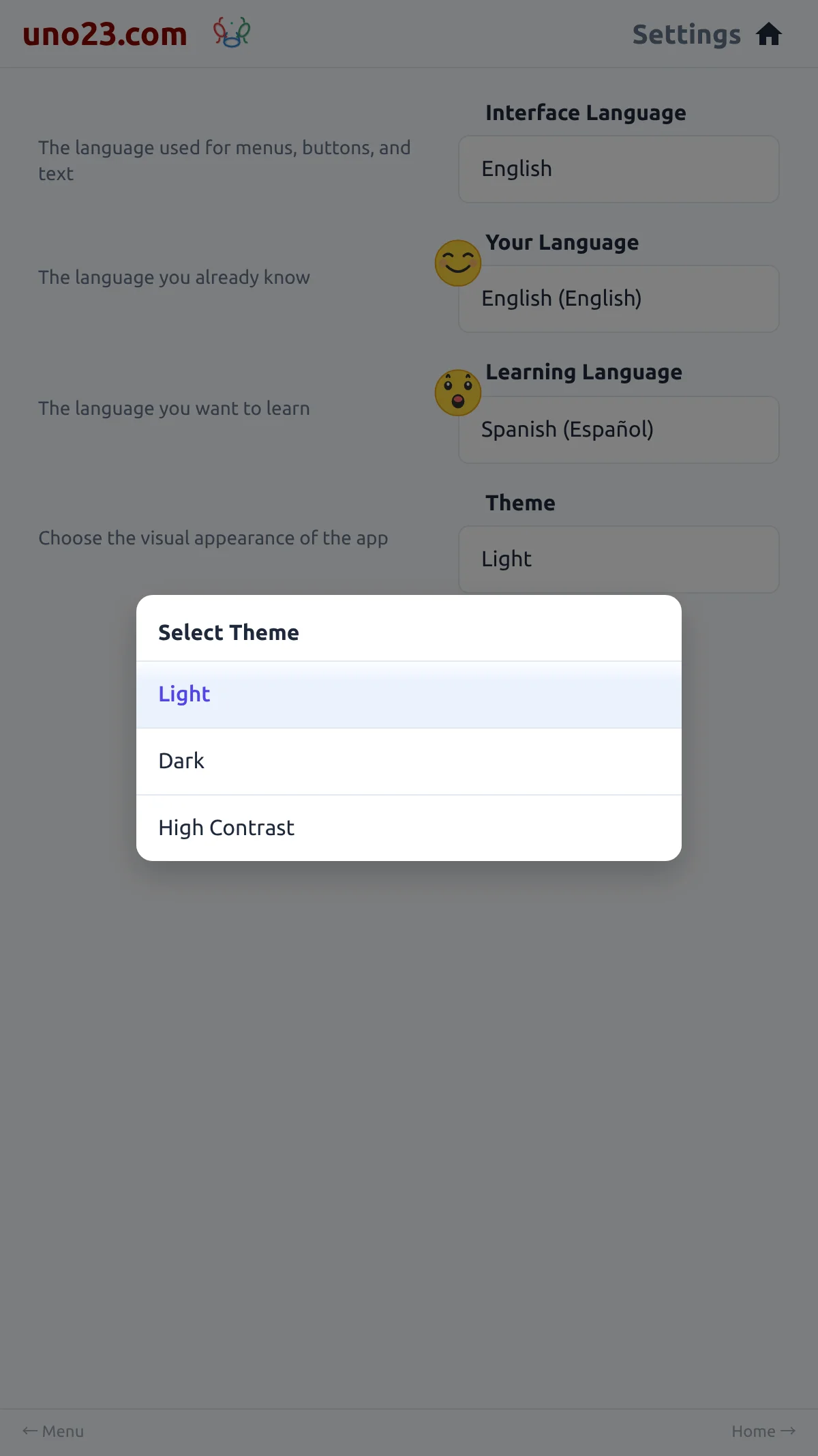 Themes 🎨 — a screen from the uno23.com app